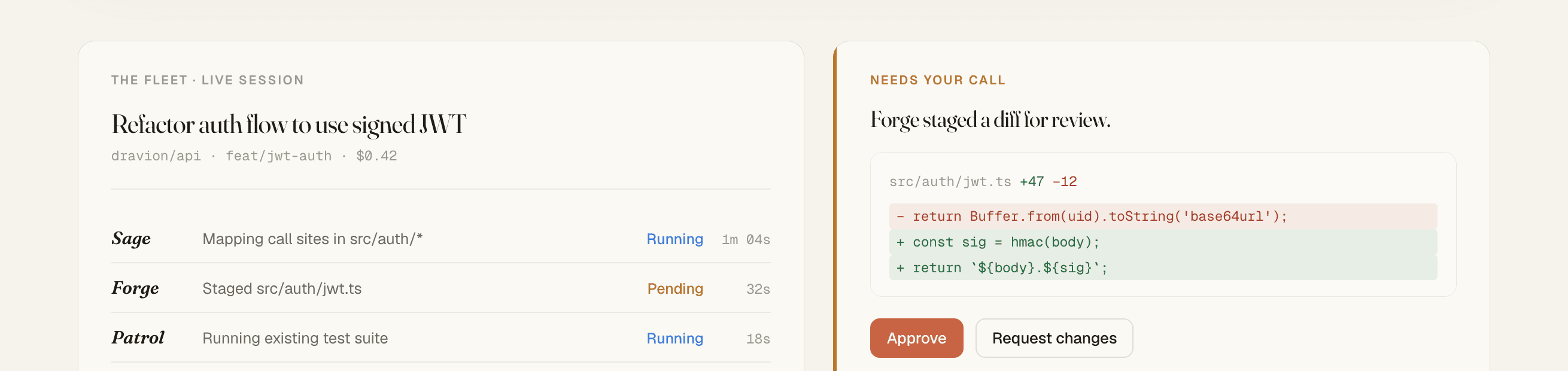 The fleet, live — workers running while a diff waits for your call.