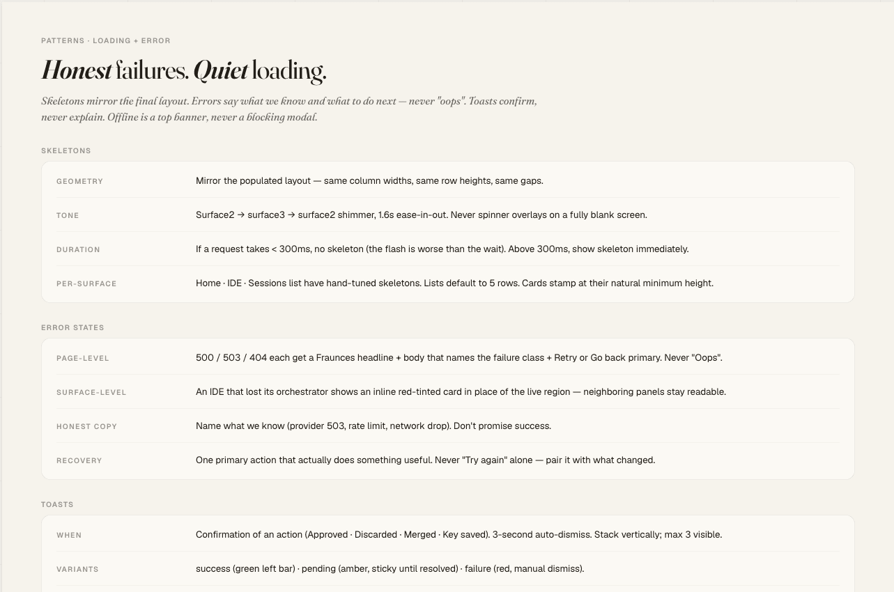 Design system — honest failures, quiet loading.