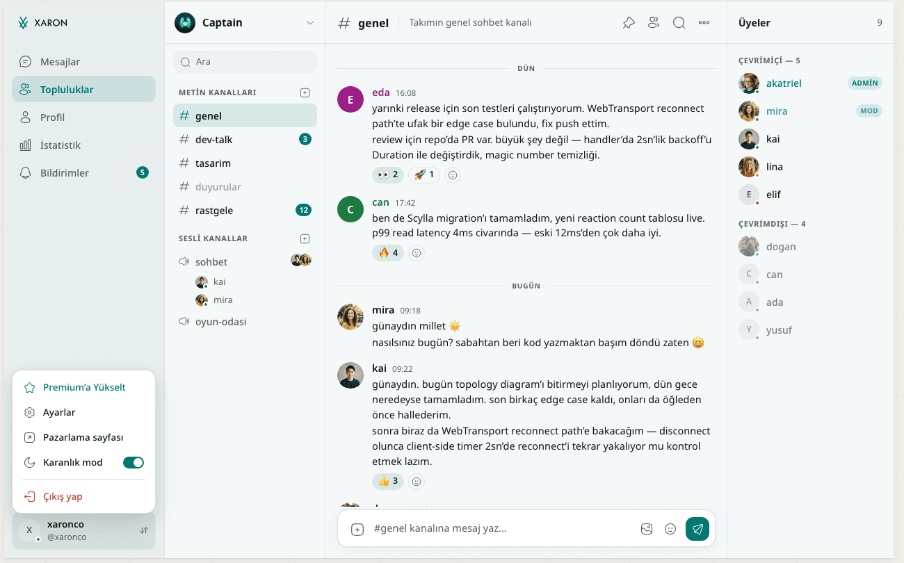 Community — text, voice & video channels, in light and dark.