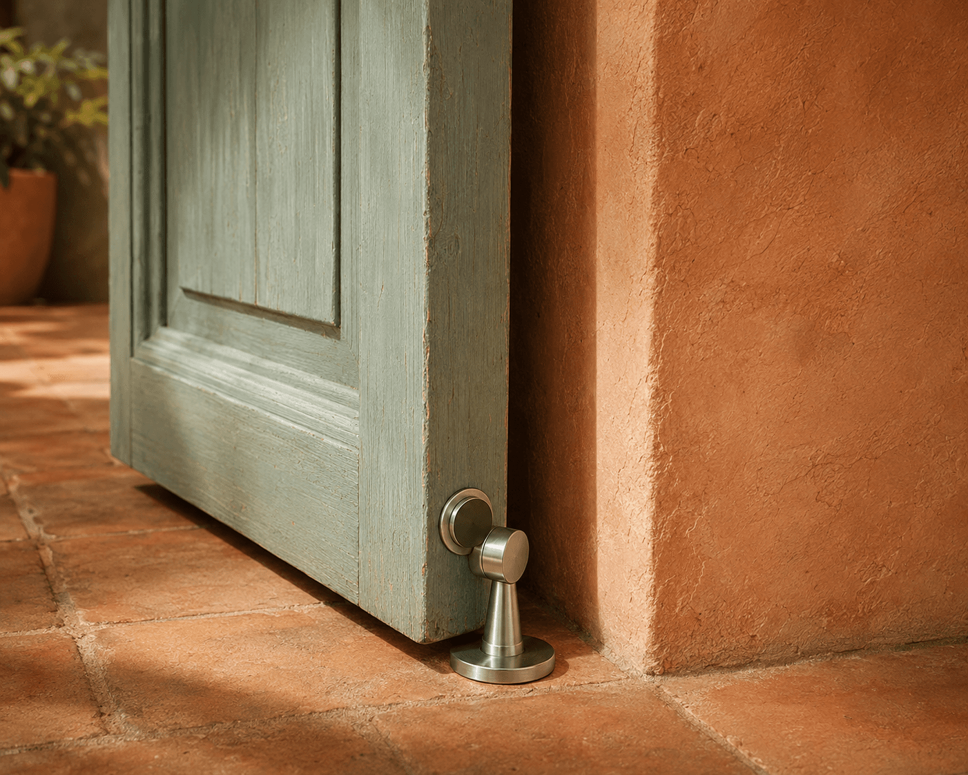 Satin metal magnetic door stop mounted on a terracotta tiled floor, holding open a rustic green wooden door against a warm textured wall.