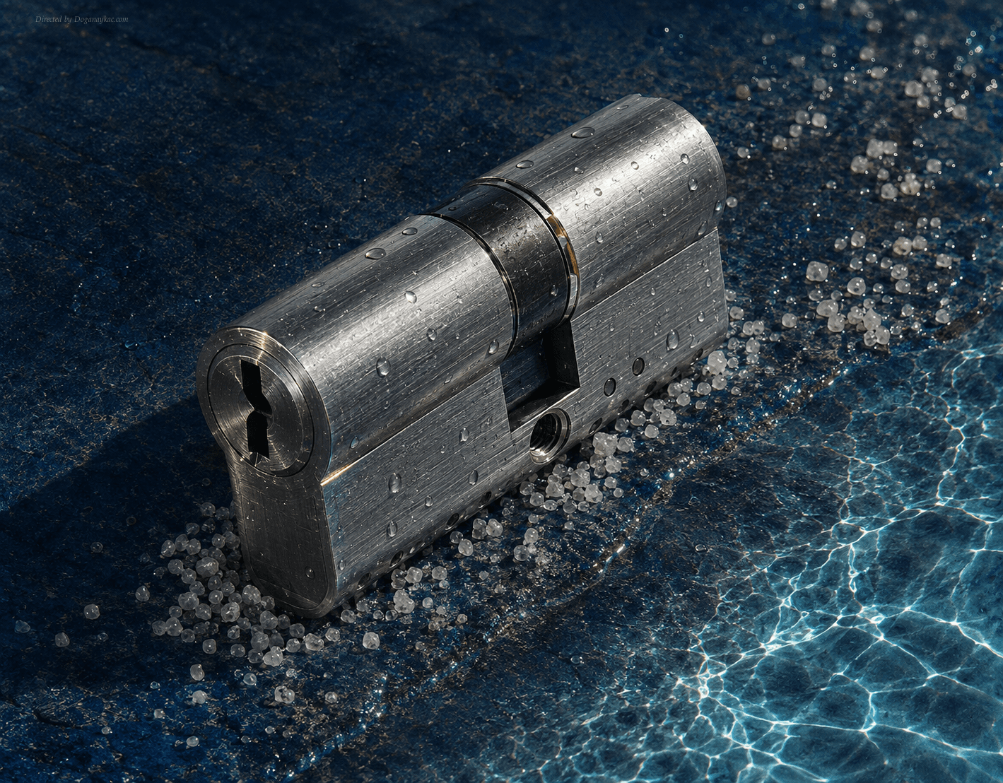 High-security door lock cylinder with water droplets on its brushed metal surface, resting on a textured blue surface next to scattered crystal particles.
